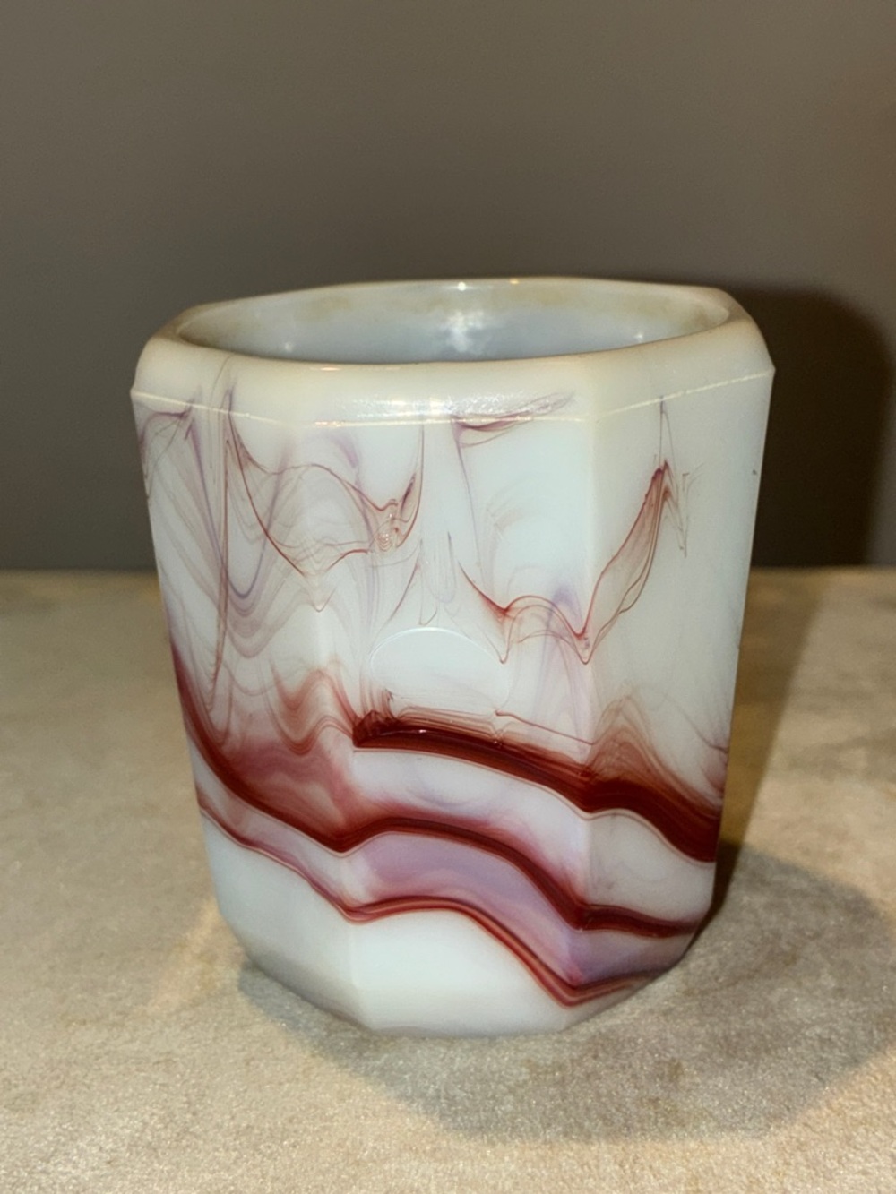 Akro Agate Slag Glass Oxblood Red Uranium Miniature Cup EUC Made in USA UV Glow